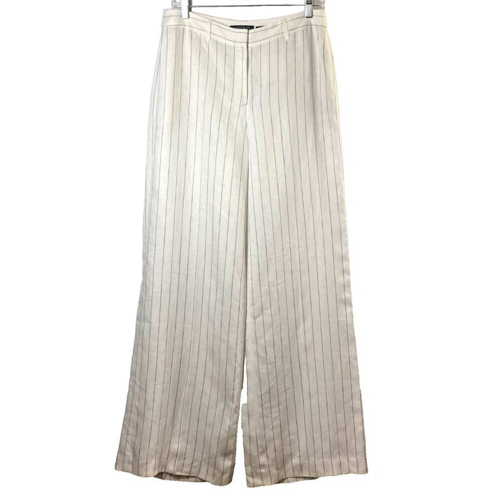 Lafayette 148 Dalton Pinstripe 100% Linen Wide Leg Pants Size 6 Off White Blue - Picture 3 of 16